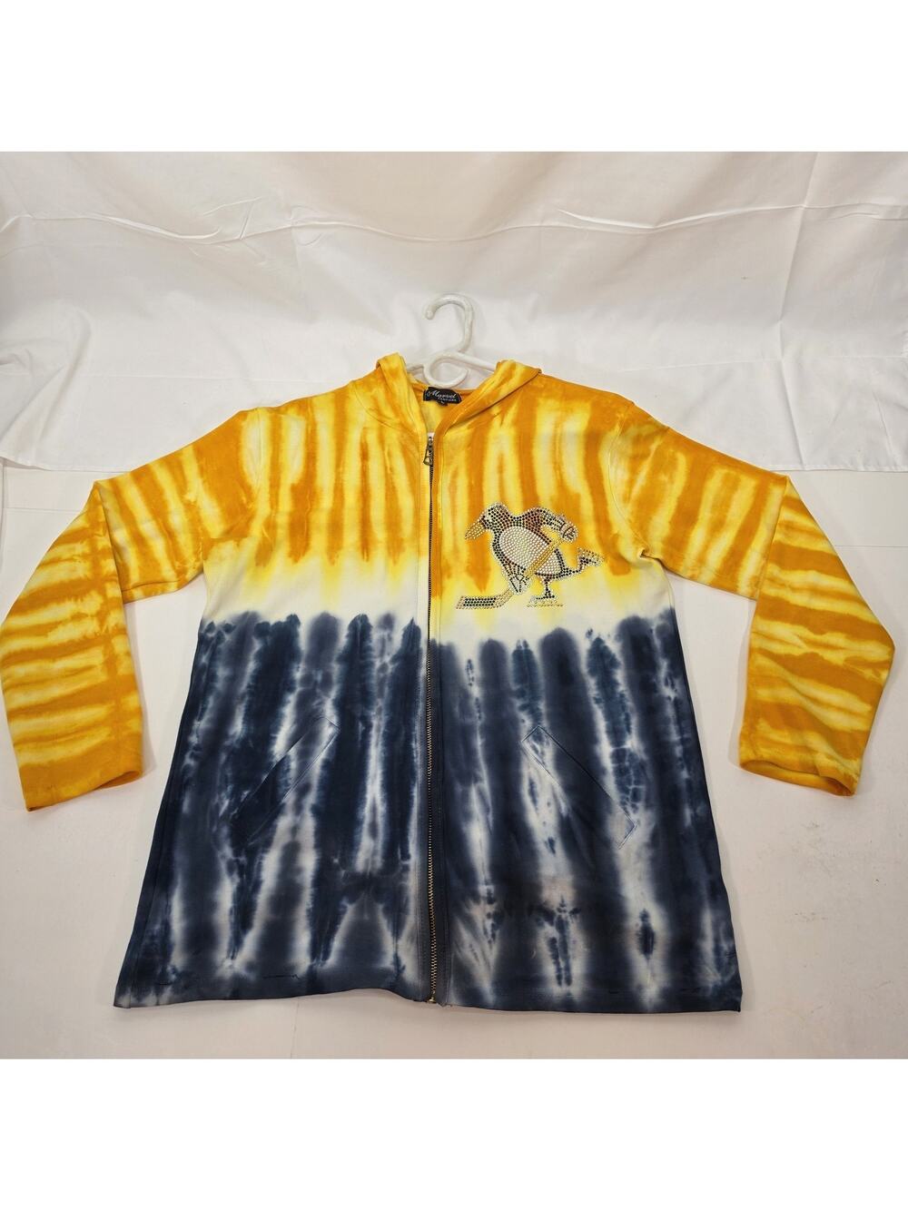 Pittsburgh Penguins Rhinestone Hoodie Womens Large Tie Dye Yellow Navy Jacket